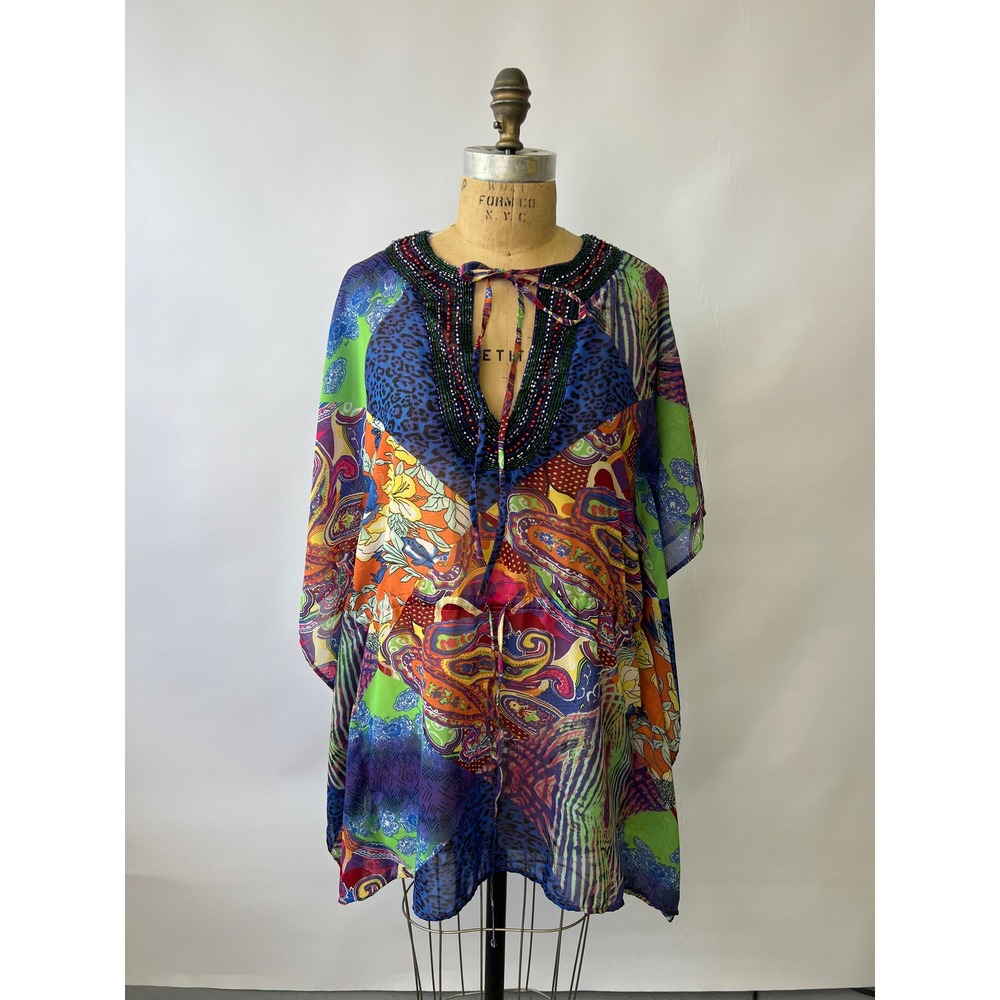 Catherine Malandrino Beaded Patchwork Kaftan Top Paisley Leopard Print Small